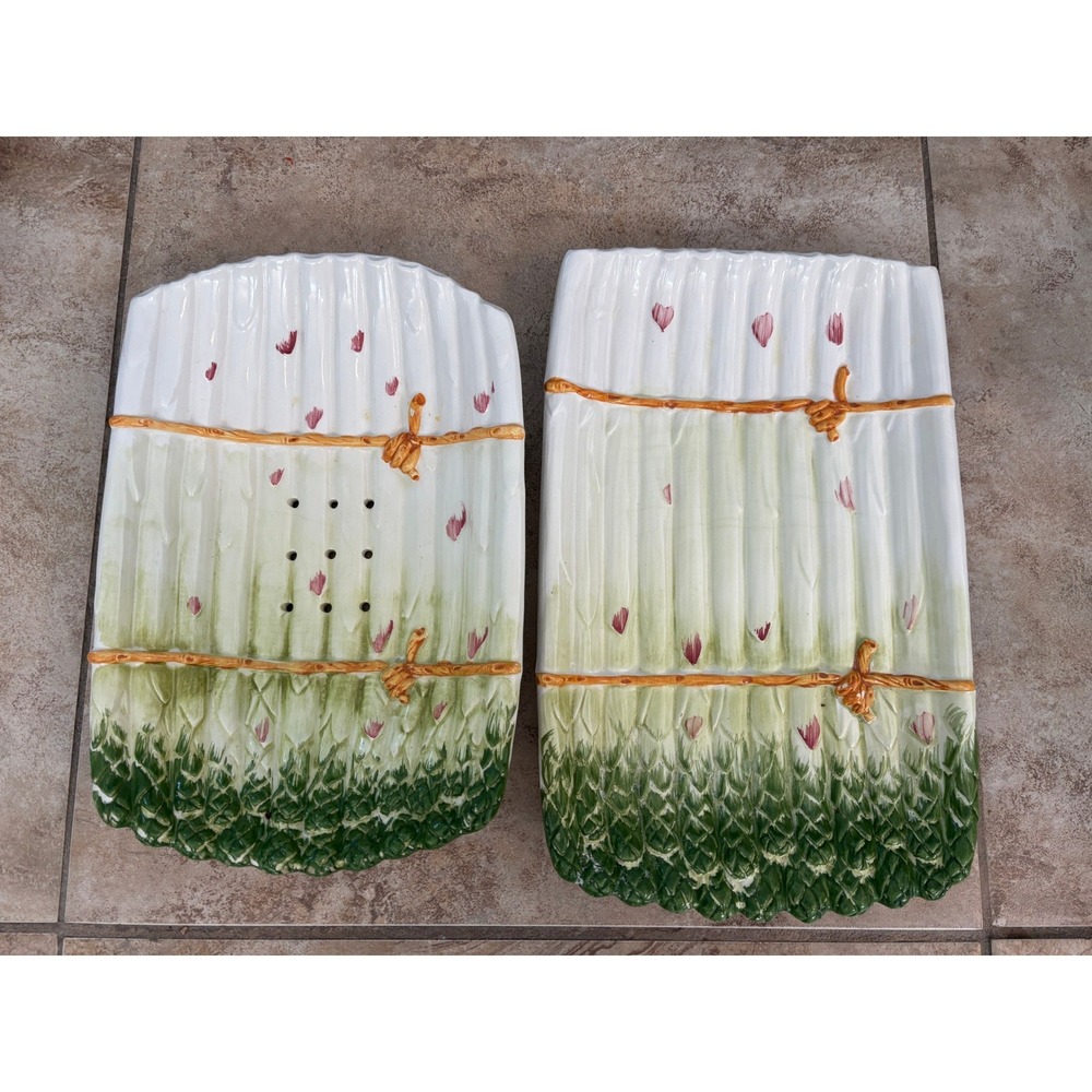 Sur La Table Italy Asparagus Server Set Majolica Ceramic Platter & Drainer 2pc